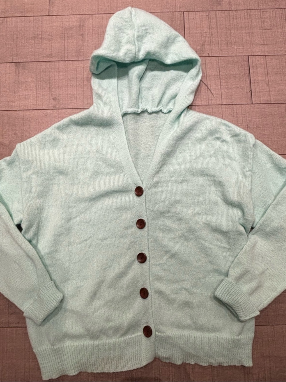 🔮Rare🔮Vintage & Handmade Hooded Mint Knit Hooded Cardigan-Wooden Buttons